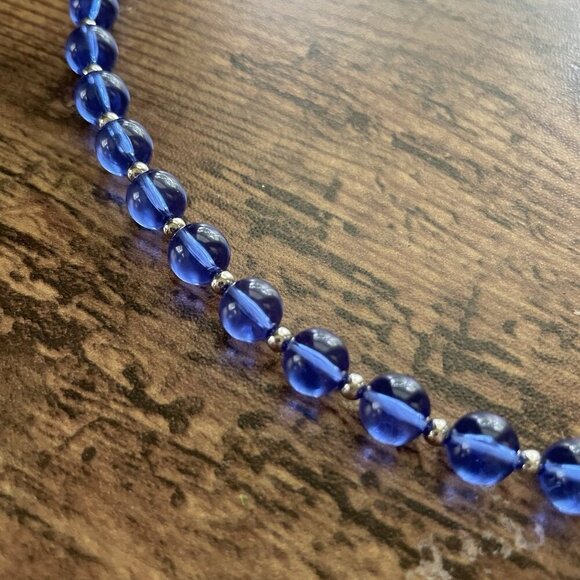 Vintage Monet Jelly Lucite Beaded Necklace Blue Silver Single Strand 27" Signed - Picture 3 of 10
